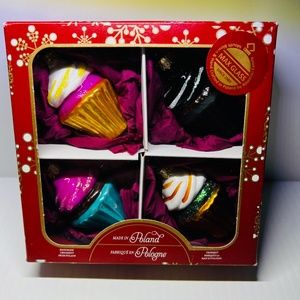 Christmas Ornaments Cupcakes Max Glass Blown Glass Set of 4 Glittery Poland